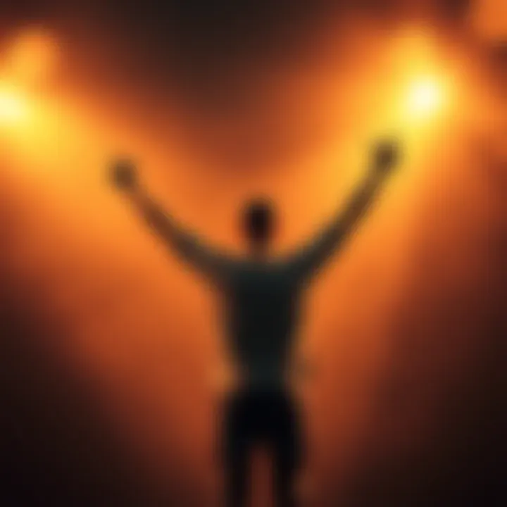 A person stands with arms raised in celebration, surrounded by a bright light symbolizing success and achievement.