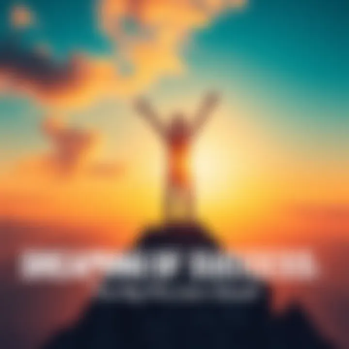 A person with arms raised in joy, standing on a mountain peak with a bright sunrise in the background, symbolizing achievement and hope.