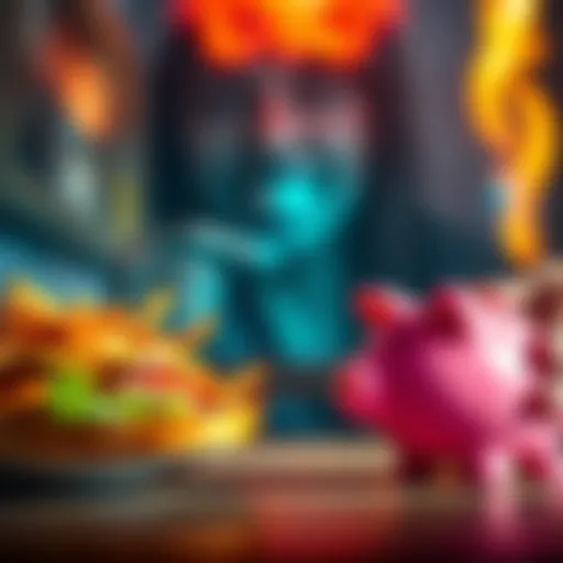 A person looks at a lavish meal on one side and a piggy bank on the other, weighing their options