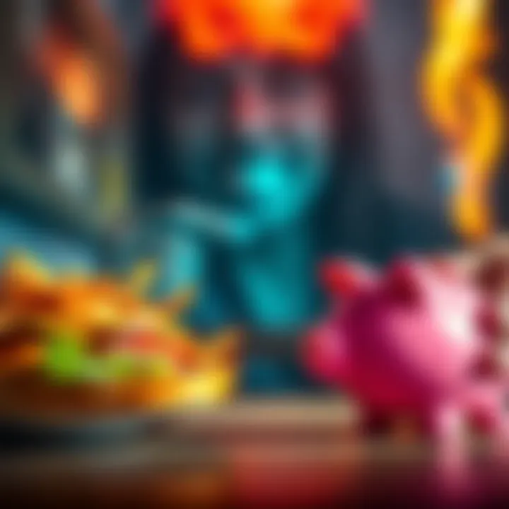 A person looks at a lavish meal on one side and a piggy bank on the other, weighing their options