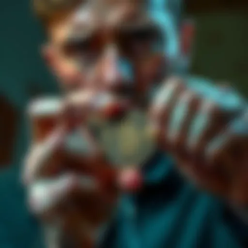 A person holding a coin with dirt on it, looking concerned after accidentally cutting themselves while cleaning it.