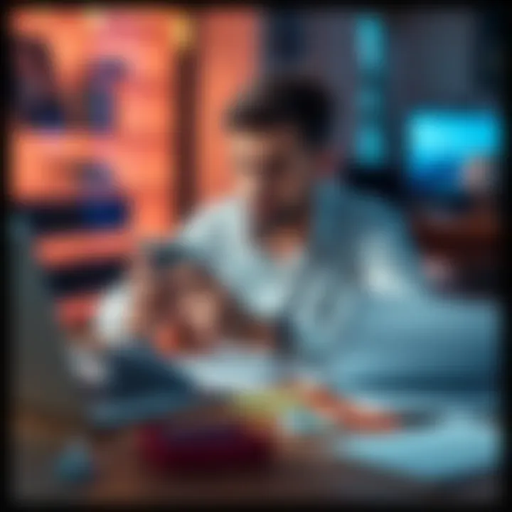 A person sitting at a table with a worried expression, holding a phone, surrounded by papers and a laptop, showing frustration over account issues.