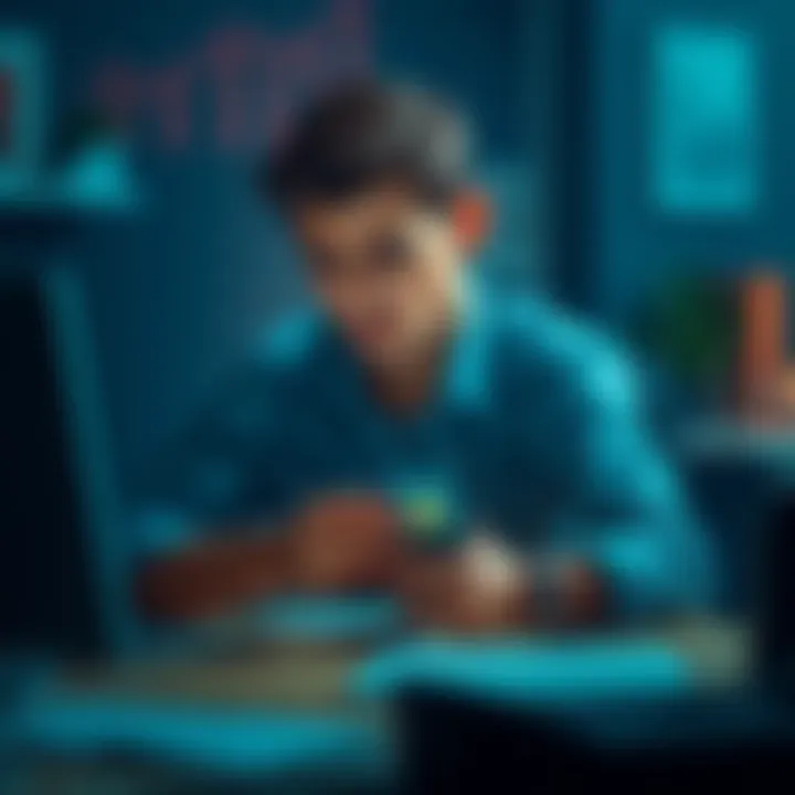 A person sitting at a desk looking worried while holding a phone with a Bitcoin logo on the screen, considering taking a loan for cryptocurrency investment.