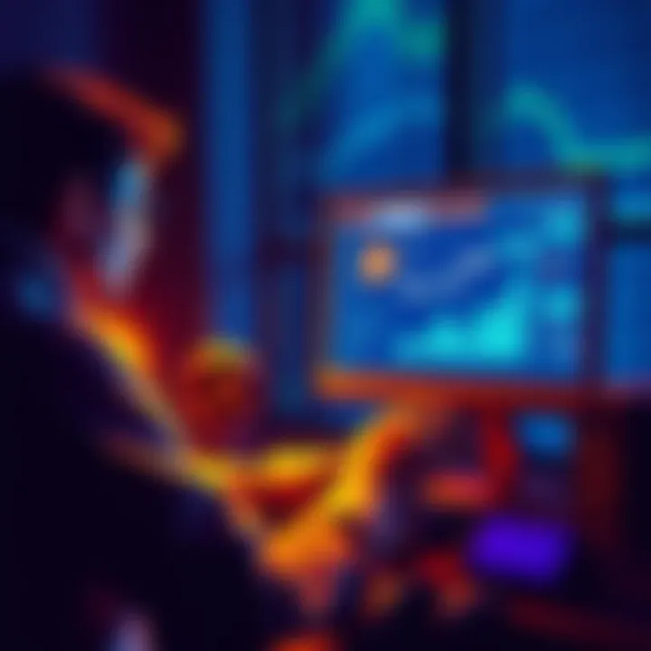 A person using a computer to explore decentralized finance opportunities, with graphics of tokens and decentralized exchanges on the screen