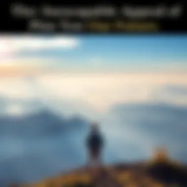 Person gazing at horizon A person standing on a hilltop, looking toward a vast horizon filled with bright skies and distant mountains, symbolizing dreams and aspirations.