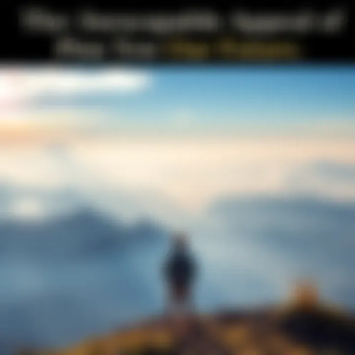 Person gazing at horizon A person standing on a hilltop, looking toward a vast horizon filled with bright skies and distant mountains, symbolizing dreams and aspirations.