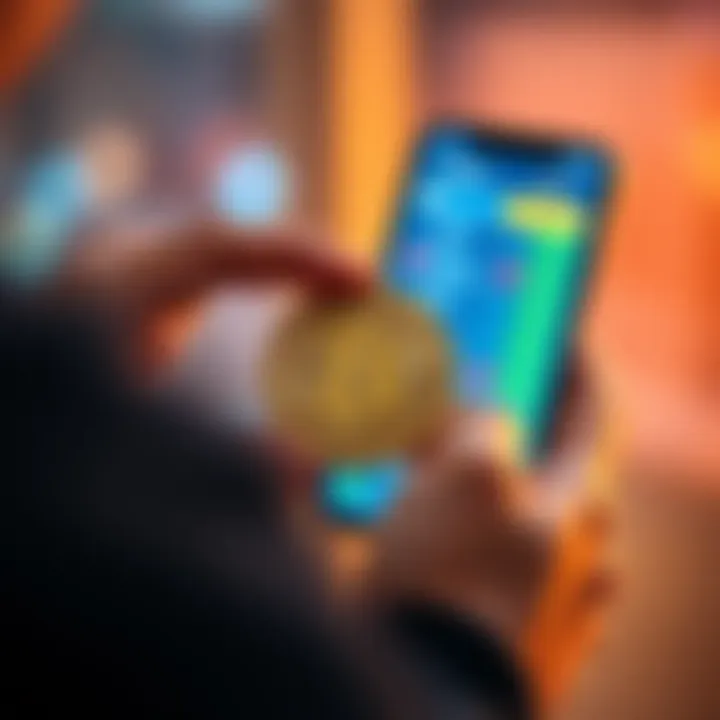 A person holds a Bitcoin in their hand, looking at a smartphone with a cryptocurrency exchange app open.