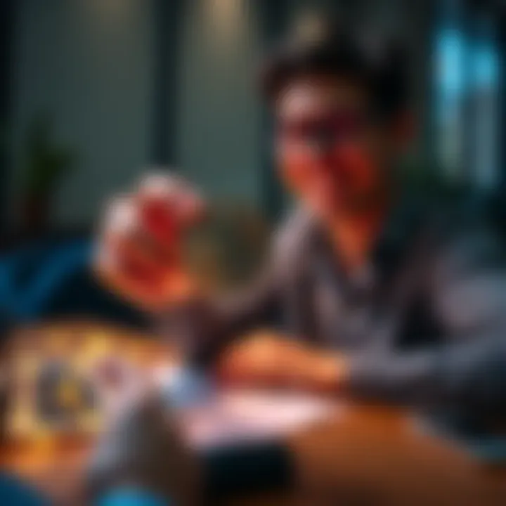 A person smiling while holding a physical Bitcoin in their hand, surrounded by a laptop and digital wallet icons on the table.