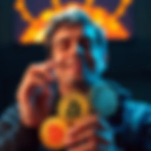 A person with a relaxed expression holding multiple Bitcoin coins, symbolizing long-term investment in cryptocurrency.