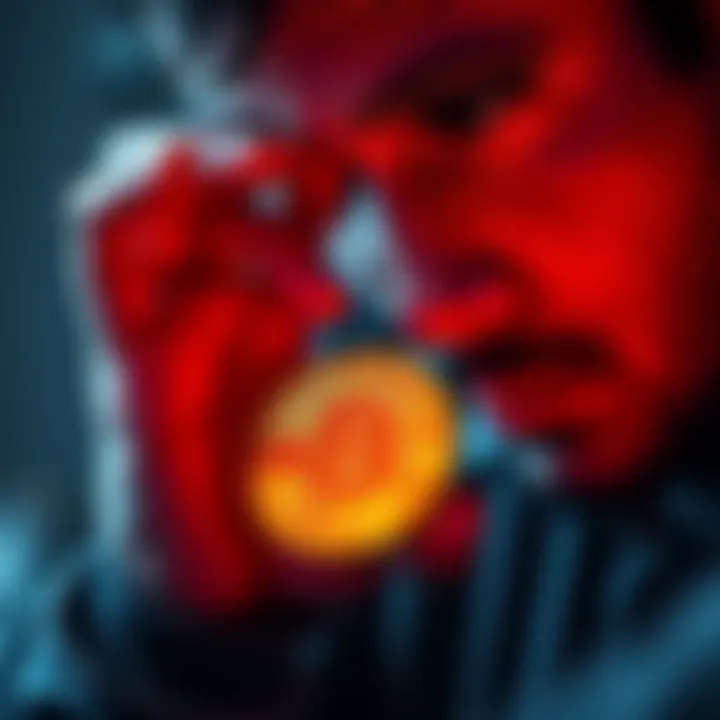 A person gazing at their Bitcoin coins, reflecting on their investment journey and final sale decision