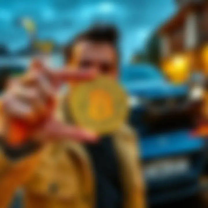 Person holding Bitcoin symbol Individual looks pleased while holding a Bitcoin symbol; a sold BMW car is in the background