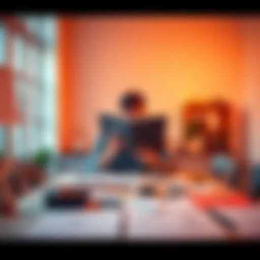 Person holding a book in a bright room A person sits at a table holding a book, surrounded by notes and sketches, reflecting a creative workspace