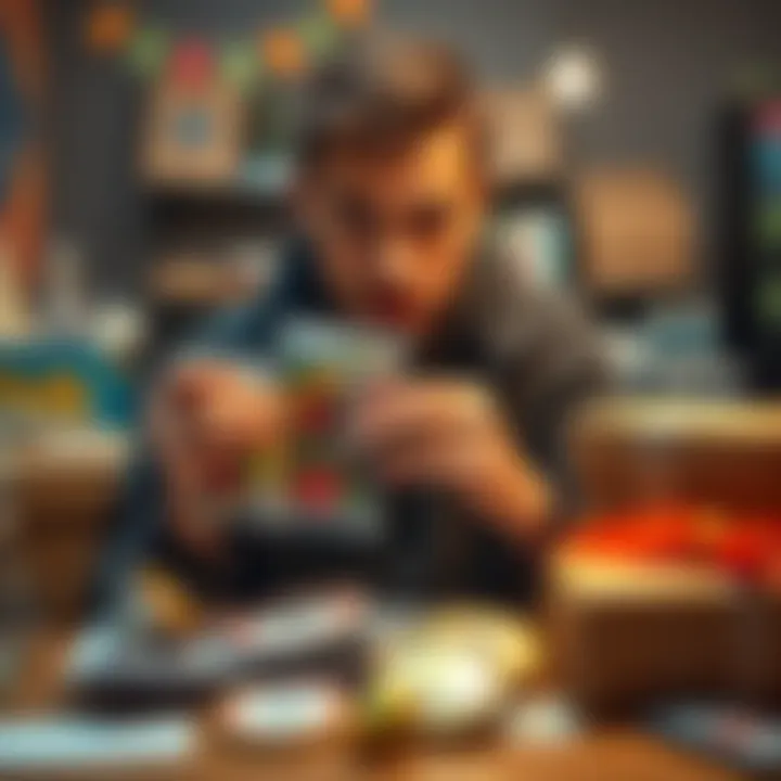 Person holding pack of items A person looking confused while holding a pack of small items, surrounded by parcels and badges on a table