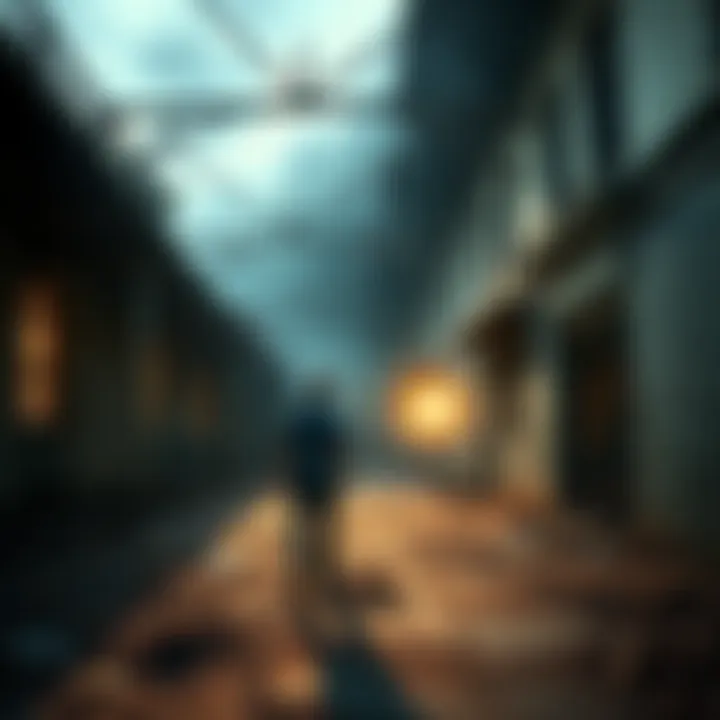 A person exploring an old, abandoned communist-era building, looking towards an area where a strange noise is coming from.