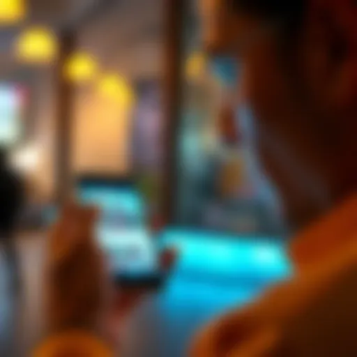 Person looking at a smartphone A person examining a smartphone with an app open, considering its features and feedback.