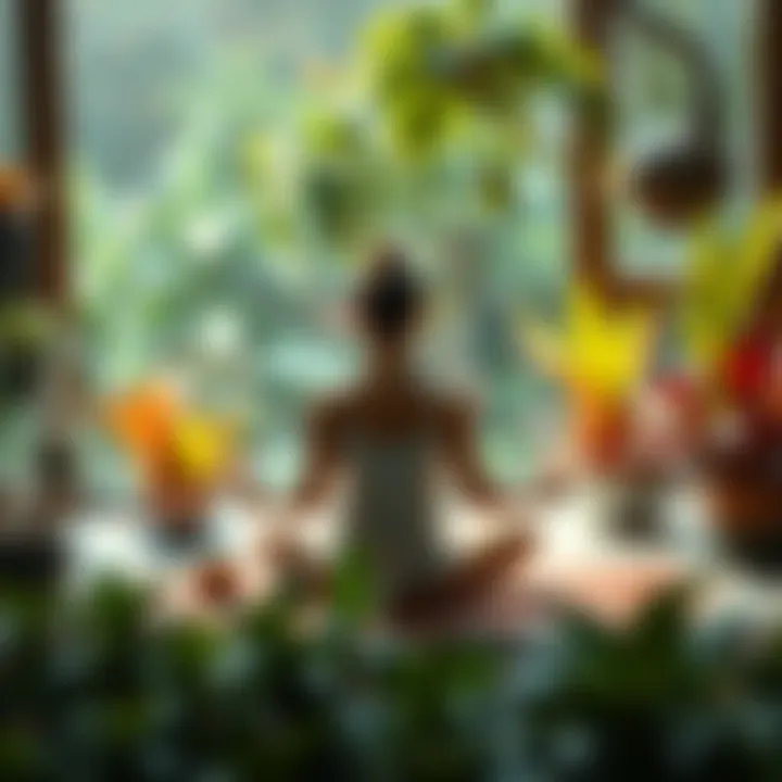 Individual sitting cross-legged on a yoga mat surrounded by plants, practicing meditation to promote mental well-being