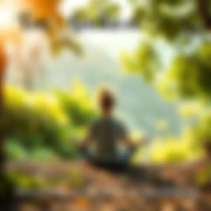 A person sitting cross-legged in a calm outdoor setting, surrounded by greenery, practicing meditation to manage stress and find balance.