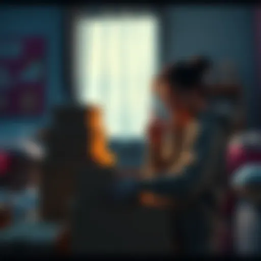 Person Packing for Moving A person packing boxes in preparation for a move to a new place, with a mix of excitement and nervousness.