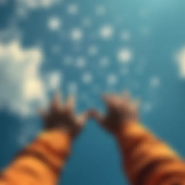 A person stretches their hands towards sparkling diamonds floating in a blue sky, symbolizing dreams and optimism.