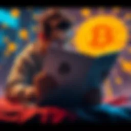 Individual reading Satoshi's Bitcoin whitepaper on a laptop with Bitcoin symbols in the background