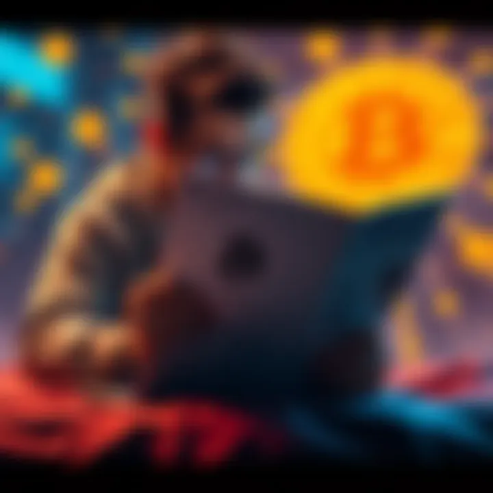 Individual reading Satoshi's Bitcoin whitepaper on a laptop with Bitcoin symbols in the background