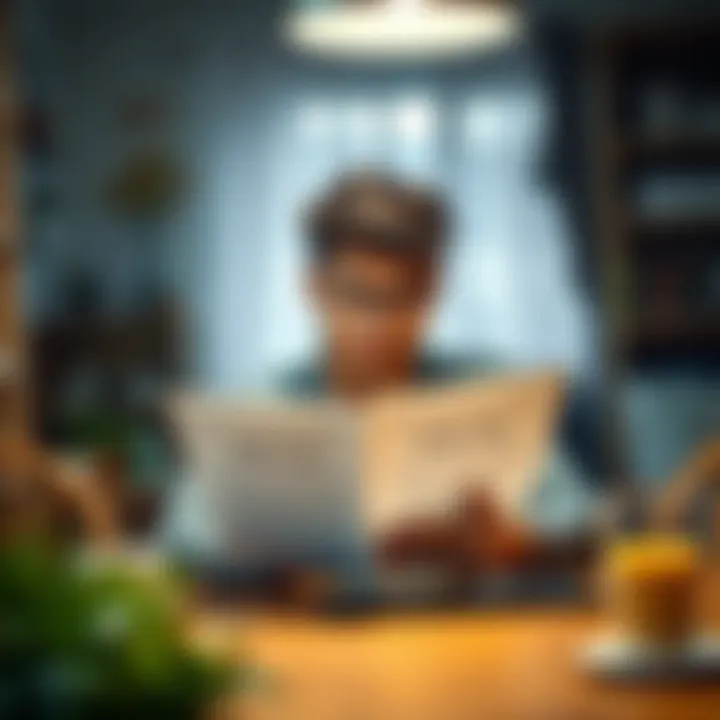 A person sitting at a table, reading a document titled 'Safety Tips' with a thoughtful expression, surrounded by a cozy home environment.