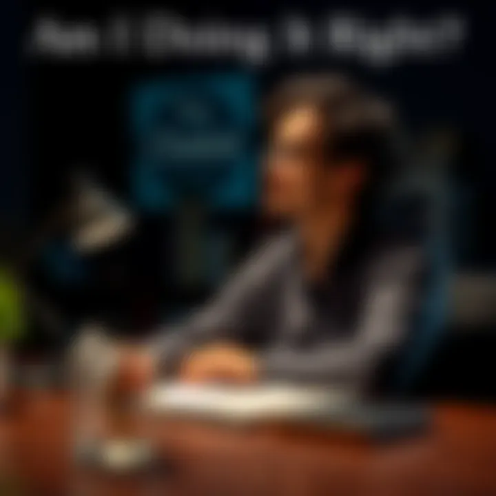 A person sitting at a desk with a notebook, looking thoughtful while evaluating life decisions.