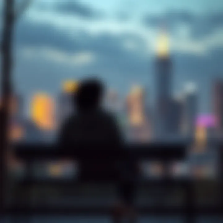 A person sitting on a bench, looking thoughtful while gazing at a cityscape, symbolizing self-reflection and identity exploration