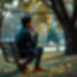 A person sitting on a park bench, deep in thought, contemplating their self-identity, surrounded by trees and nature.