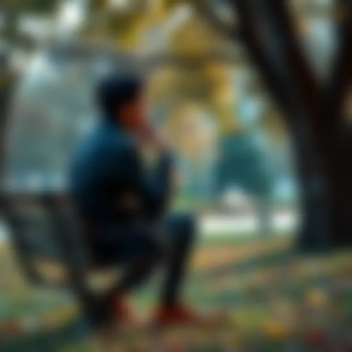 A person sitting on a park bench, deep in thought, contemplating their self-identity, surrounded by trees and nature.