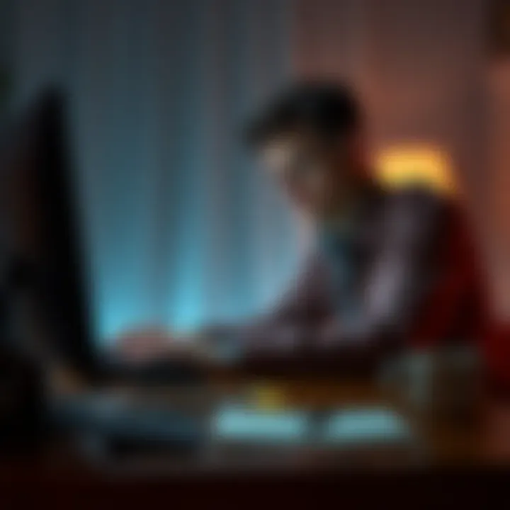 Person sharing feelings online A person sitting at a desk, typing on a laptop with a concerned expression, conveying feelings of vulnerability after sharing on forums.