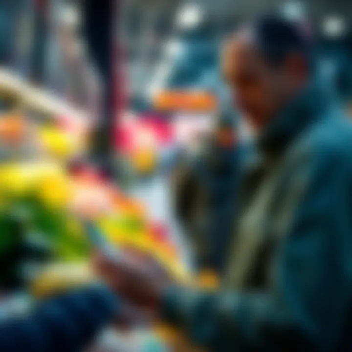 A person using a smartphone to make a Bitcoin payment while shopping for groceries.