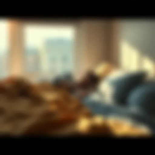 A person lying in bed, surrounded by blankets, with sunlight filtering through the window, representing a day lost to sleep.