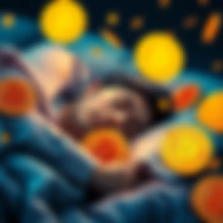 A person sleeping peacefully surrounded by floating Bitcoin symbols, symbolizing the impact of cryptocurrency on sleep quality and mental health.