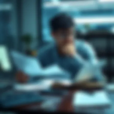 Person thinking about problems A person sitting at a desk, looking thoughtful while examining notes about personal issues