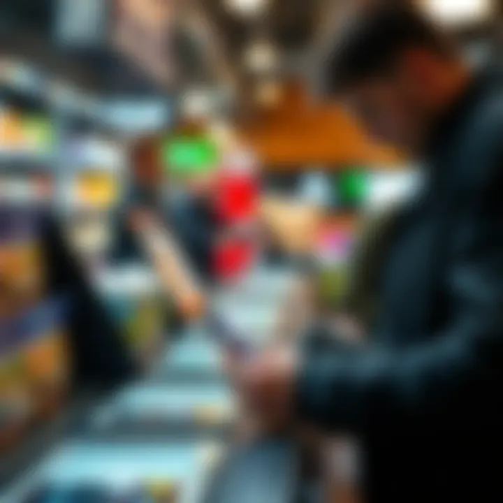 Person using mobile wallet A person tapping their smartphone to make a payment at a cashless checkout