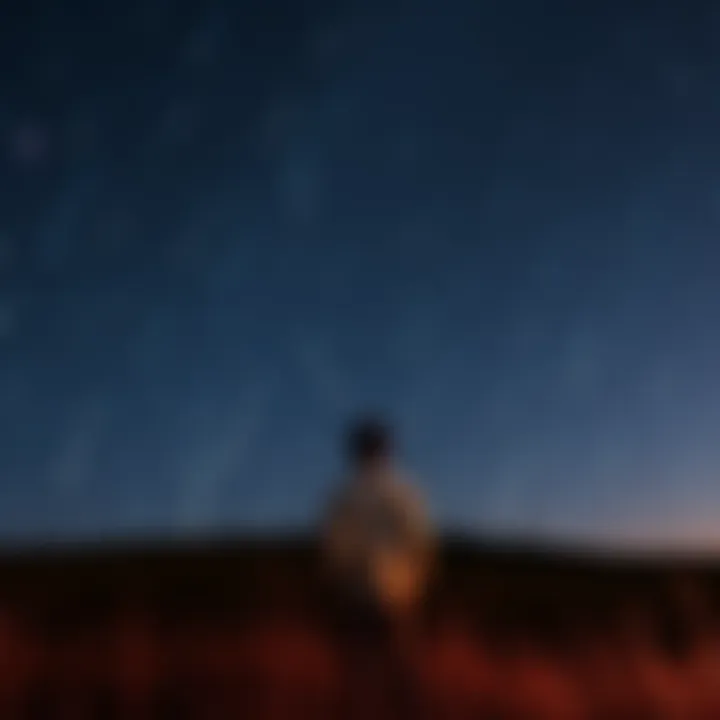 A person stands outside at night, gazing up at a sky filled with shooting stars, reflecting on their dreams and wishes.