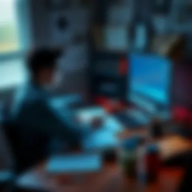A person sitting at a desk with a laptop displaying cryptocurrency charts, surrounded by notes and coffee, balancing work and investment activities.