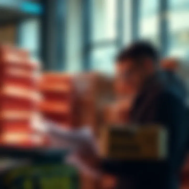 An individual examining financial documents and a large stack of parcels, indicating a plan to break even financially