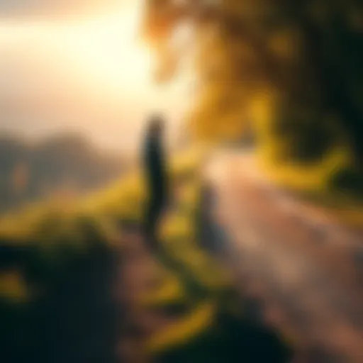 A person standing on a path, reflecting on their life's experiences, surrounded by nature, symbolizing personal growth.