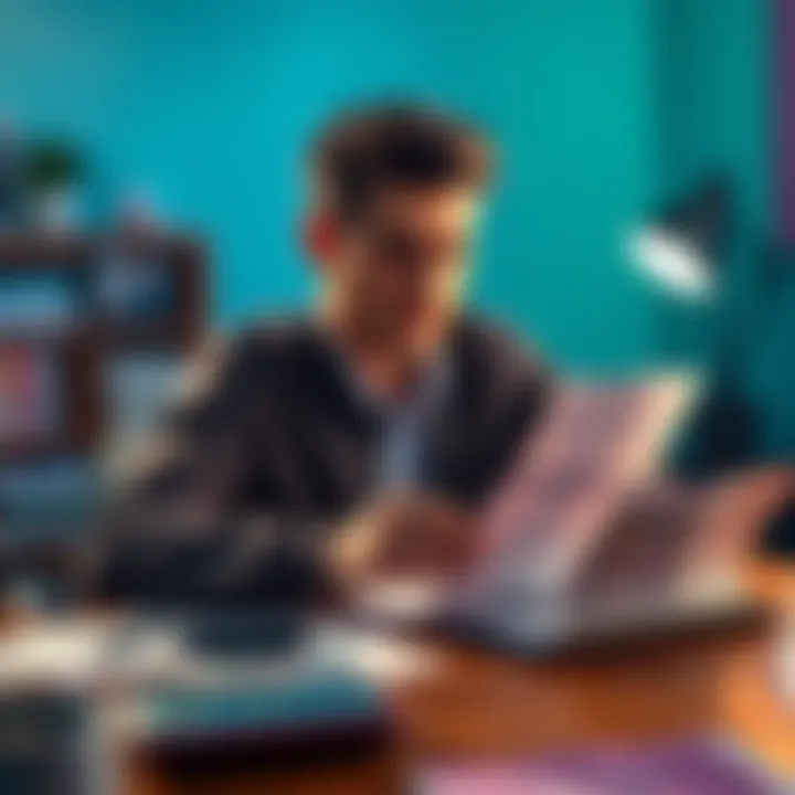 Person weighing options for personal loan Person sitting at a table with bills and a calculator, looking stressed about a personal loan, with Happen Bank paperwork in view