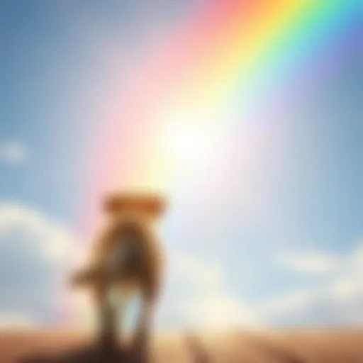 A beloved dog walking toward a vibrant rainbow in a sunny sky, symbolizing a comforting farewell
