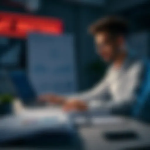 A PhD student analyzing investment growth charts with a laptop and financial documents on a desk