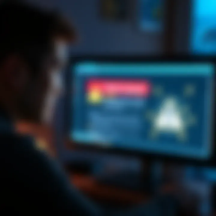 A worried person looking at their computer screen showing a warning about a phishing scam. Money symbols and a warning sign are visible on the screen.