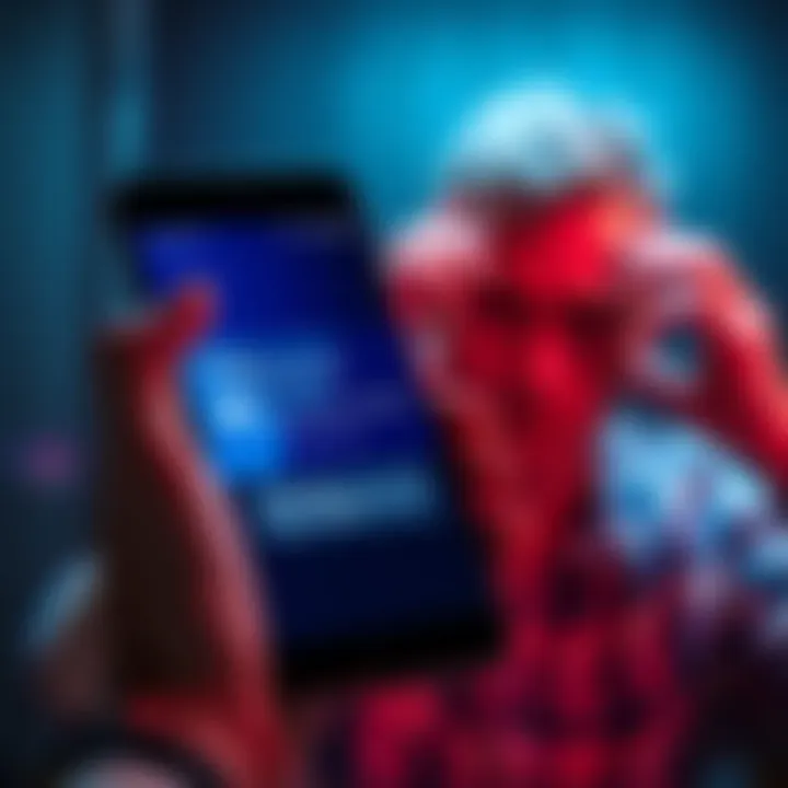 An Android phone displaying a bank alert about a compromised credit card, with a worried person in the background
