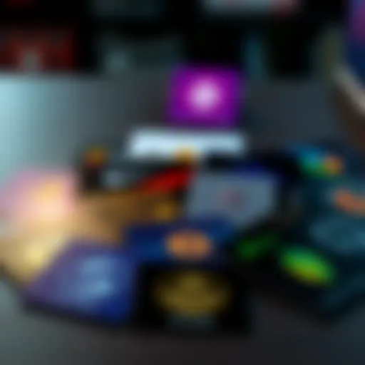 Various physical cards for cryptocurrency rewards displayed on a table, showing different designs and logos.