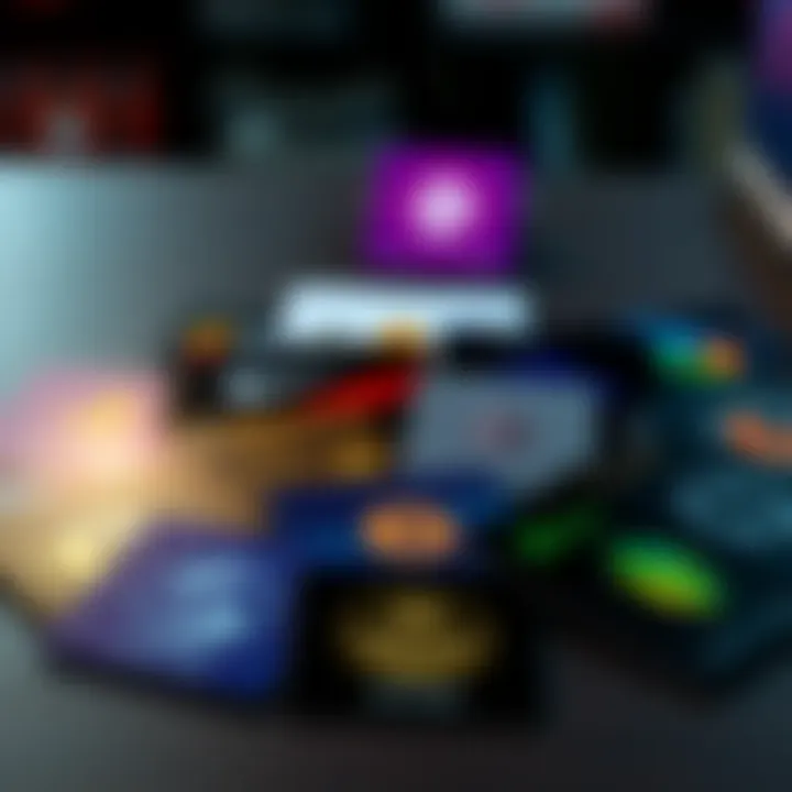 Various physical cards for cryptocurrency rewards displayed on a table, showing different designs and logos.