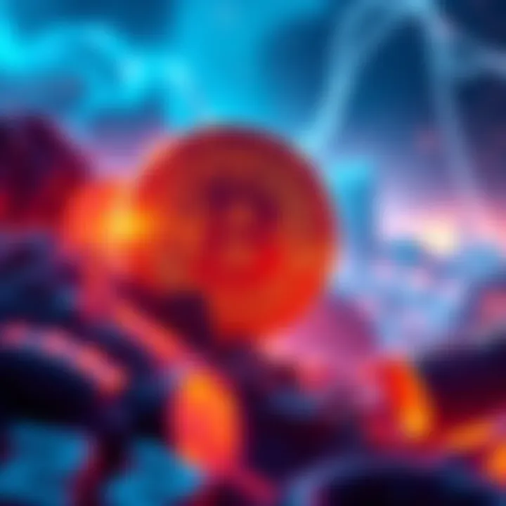 An abstract representation of cryptocurrency dynamics showcasing Pi's potential futures with market graphs and digital coins