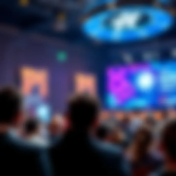 Nicolas speaking at the Consensus conference representing Pi Network, with an audience in attendance and banners in the background