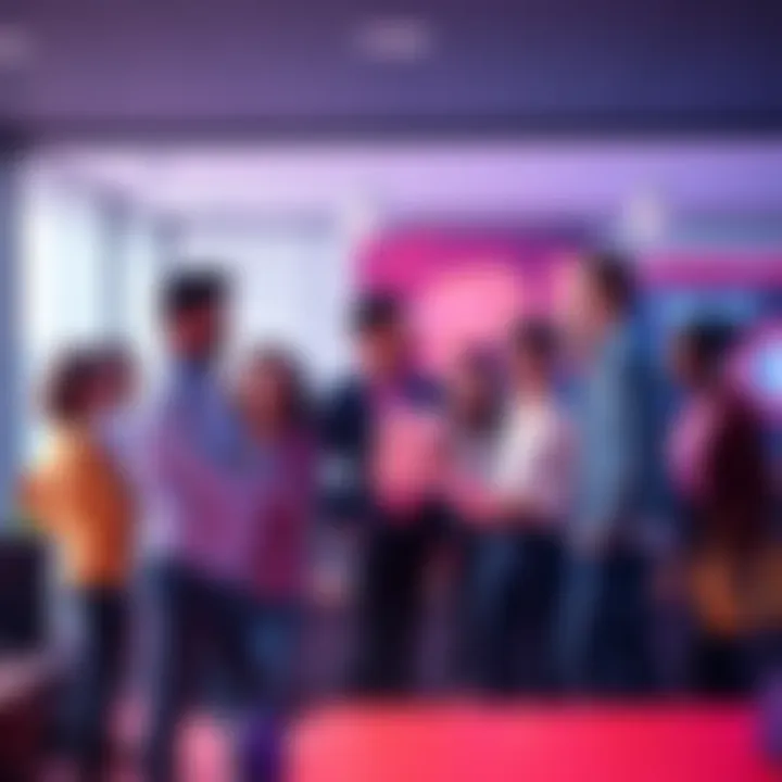 A diverse group of people working together in a modern office setting, discussing blockchain technology and career opportunities at Pi Network.